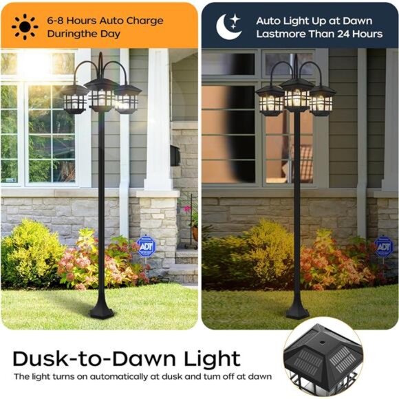 76" Classic Black Solar Lamp Post Lights - 3-Head Waterproof Outdoor Street - Picture 2 of 14
